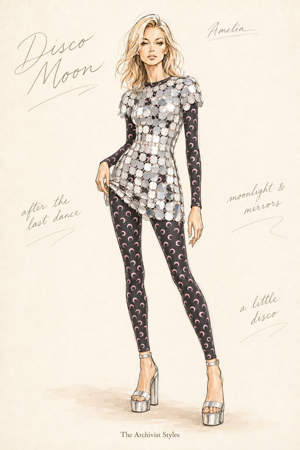 Disco Moon, a complete illustrated outfit.